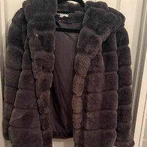 Apparis gray hooded faux fur jacket